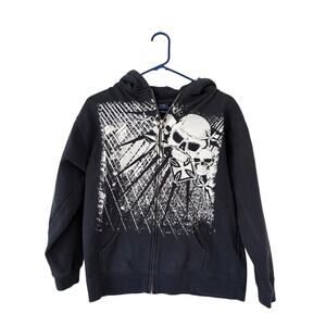 Vintage Y2K Oversized Punk Skull Iron Cross Print Zip-Up Navy Hoodie Sz L